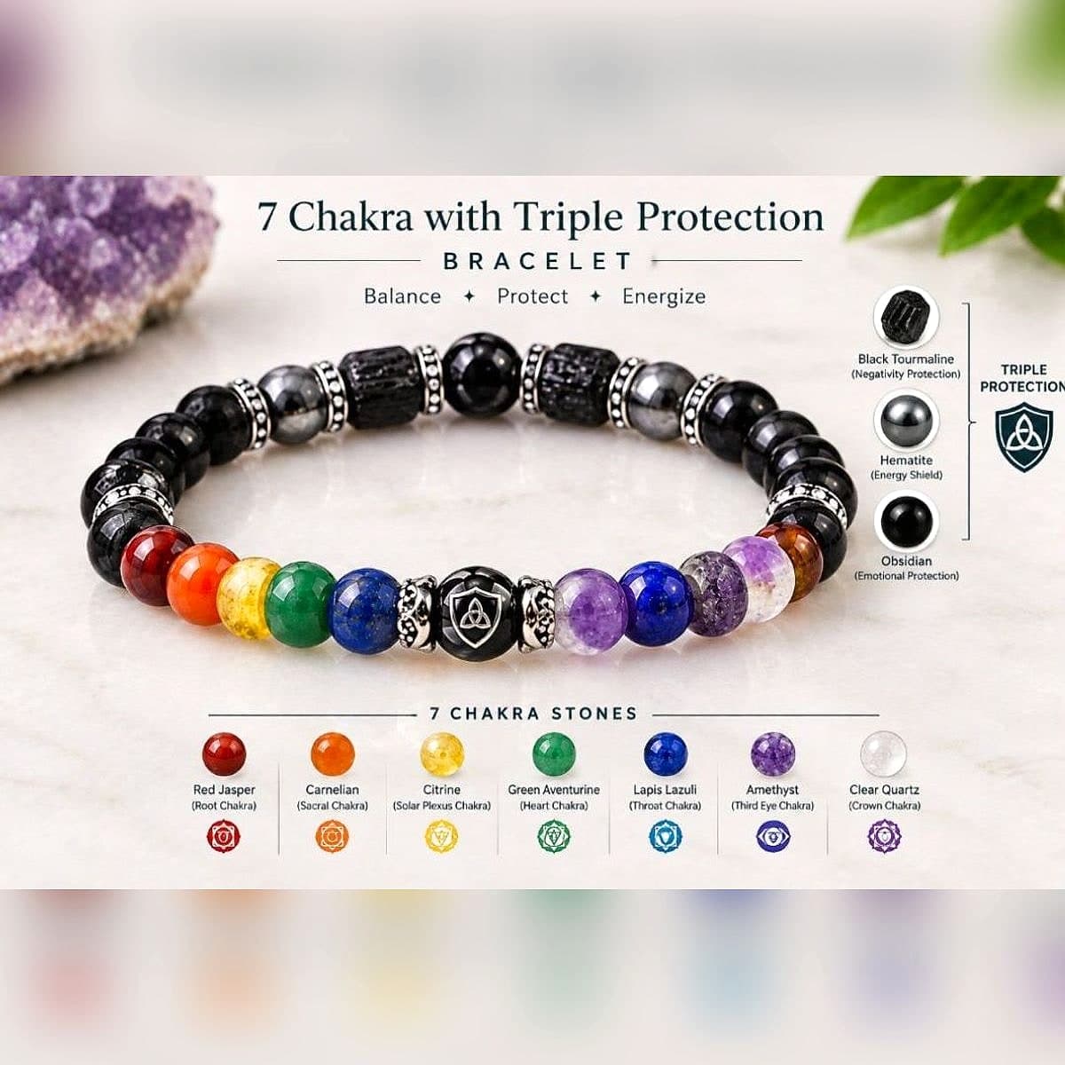 7 Chakra Triple Protection Bracelet